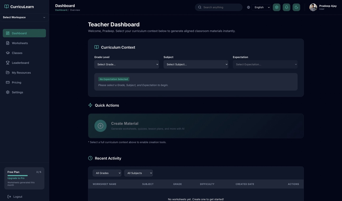 Teacher dashboard